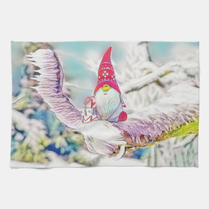 Gnomes in the snow watercolor painting kitchen towel