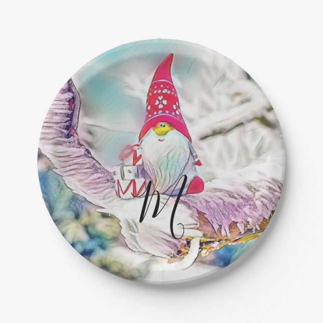 Gnomes in the snow watercolor painting  paper plates (Front)