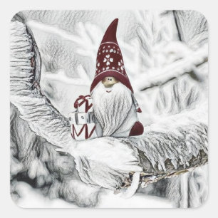 Gnomes in the snow watercolor painting square sticker
