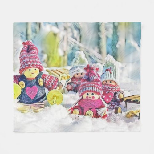 Gnomes in the snow watercolor painting vintage  fleece blanket