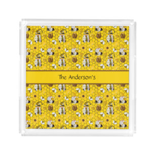 Gnomes Making Honey Yellow Floral Honey Bees Acrylic Tray