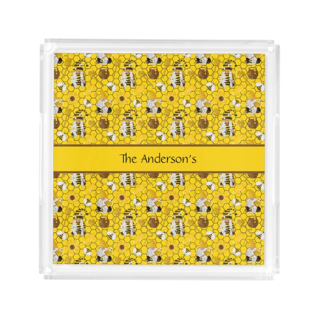 Gnomes Making Honey Yellow Floral Honey Bees  Acrylic Tray (Front)