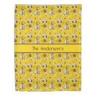 Gnomes Making Honey Yellow Floral Honey Bees  Duvet Cover