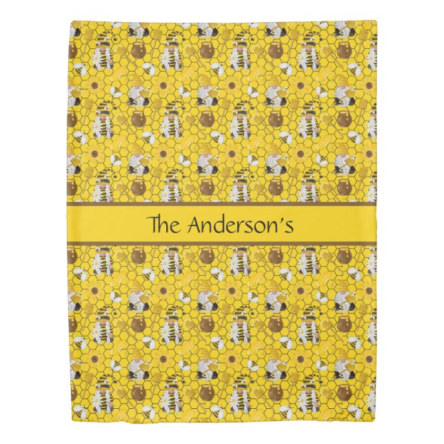 Gnomes Making Honey Yellow Floral Honey Bees  Duvet Cover (Front)