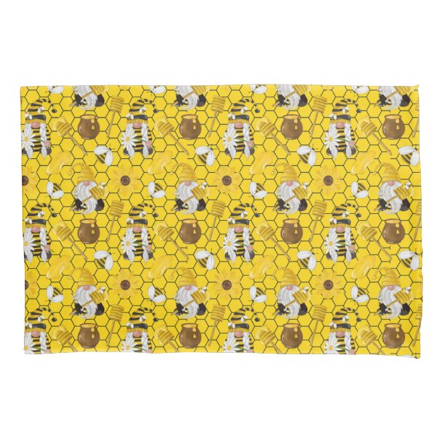 Gnomes Making Honey Yellow Floral Honey Bees Pillow Case (Front)