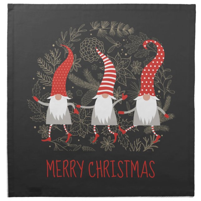 Gnomes Merry Christmas Red Black Cloth Napkin (Front)
