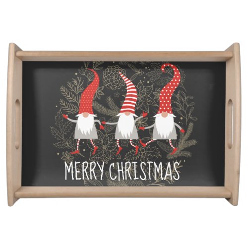 Gnomes Merry Christmas Red On Black Serving Tray