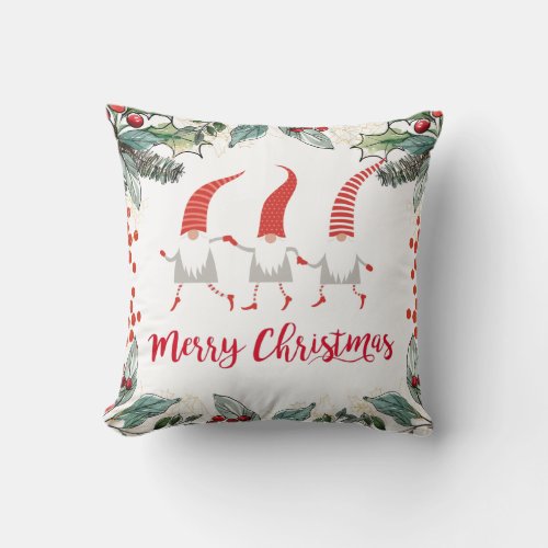 Gnomes Merry Christmas Red On White Throw Pillow