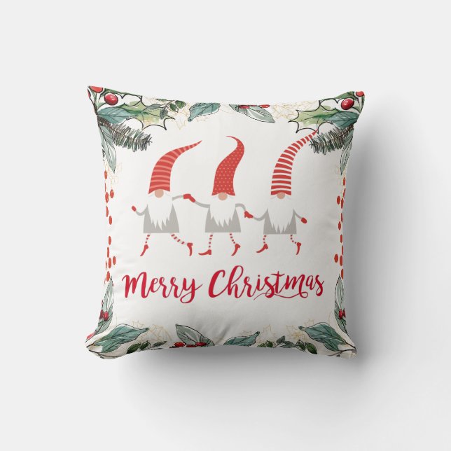 Gnomes Merry Christmas Red On White Throw Pillow (Front)