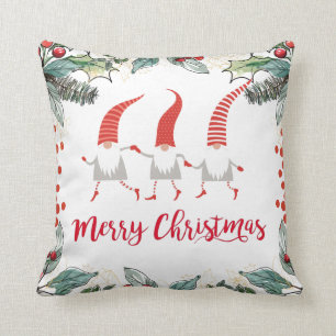 Gnomes Merry Christmas Red On White Throw Pillow