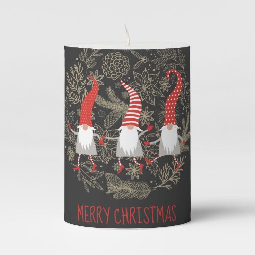 Gnomes Merry Christmas Whimsical Red Black Pillar Candle