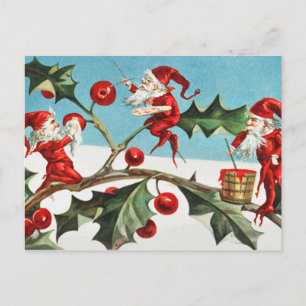 Gnomes painting holly berries in the snow postcard