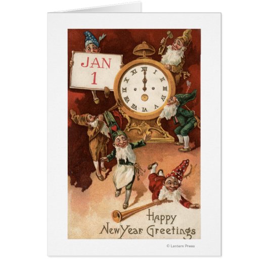 Gnomes Partying Around a Clock Cards (Front)
