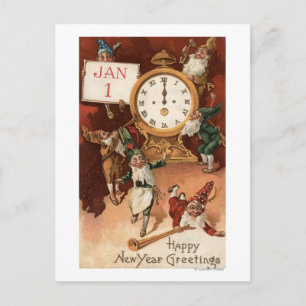 Gnomes Partying Around a Clock Invitation Postcard