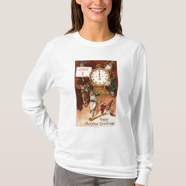 Gnomes Partying Around a Clock T-Shirt (Front)