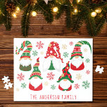 Gnomes Personalized Christmas Jigsaw Puzzle<br><div class="desc">Personalized fun Christmas puzzle featuring five cute funny Scandinavian-style gnomes with a seasonal red and green hats surrounded by red,  green and gold snowflakes. You can easily personalize with a name at the bottom.</div>
