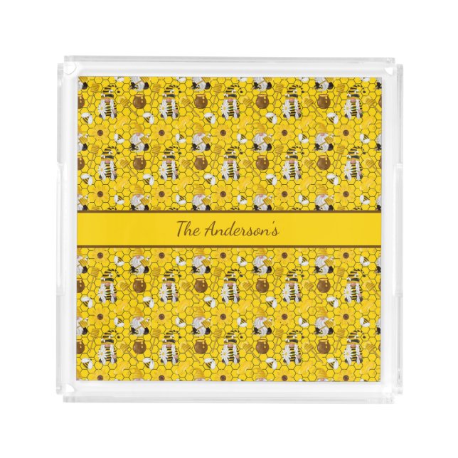 Gnomes Personalized Yellow Sunflowers Bees Honey Acrylic Tray (Front)