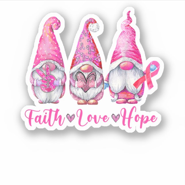 Gnomes Pink Warrior Faith Hope Love Breast Cancer Sticker (Front)