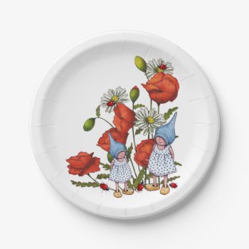 Gnomes: Poppies  Daisies  Ladybugs  Fantasy Art Paper Plates by joyart at Zazzle