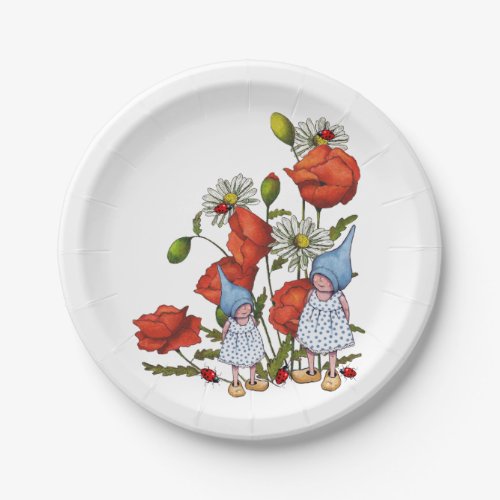 Gnomes Poppies Daisies Ladybugs Fantasy Art Paper Plates