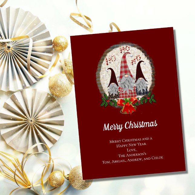 Gnomes Red Burgundy Rustic Christmas Holiday Card (Creator Uploaded)