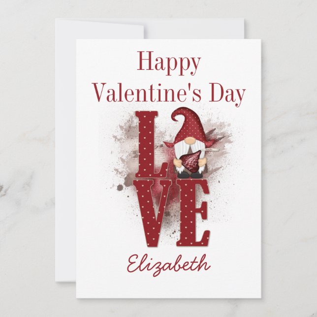 Gnomes Red Love Cute Personalize Valentine's day Holiday Card (Front)