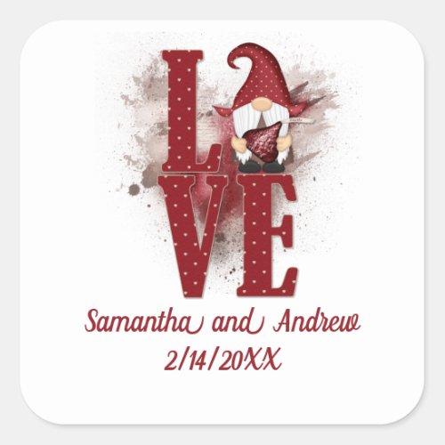 Gnomes Red Love Cute Wedding Anniversary Square Sticker