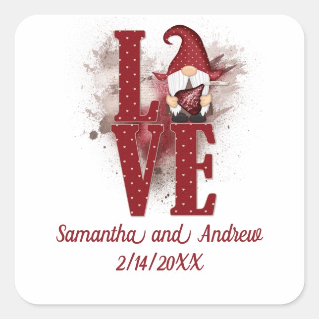 Gnomes Red Love Cute Wedding Anniversary Square Sticker (Front)