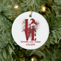 Gnomes Red Love Cute Wedding Date Christmas Ceramic Ornament