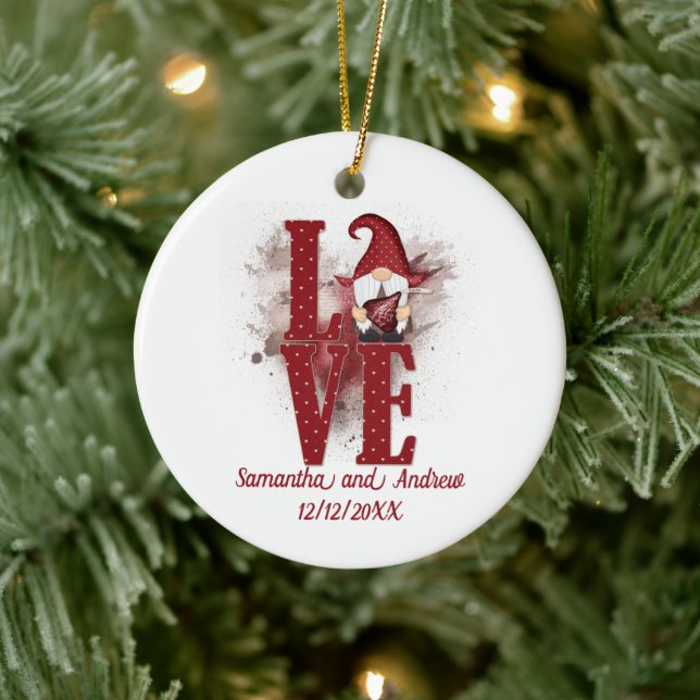 Gnomes Red Love Cute Wedding Date Christmas Ceramic Ornament (Tree)