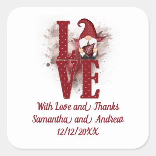 Gnomes Red Love Cute Wedding  Square Sticker