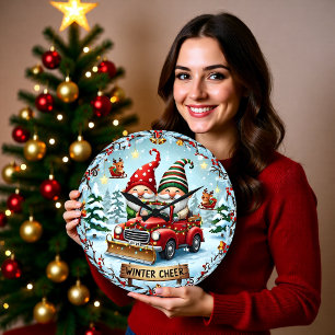 Gnomes Red Truck Winter Large Clock