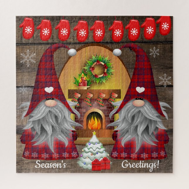 Gnomes Season's Greetings Fireplace Christmas Jigsaw Puzzle (Vertical)