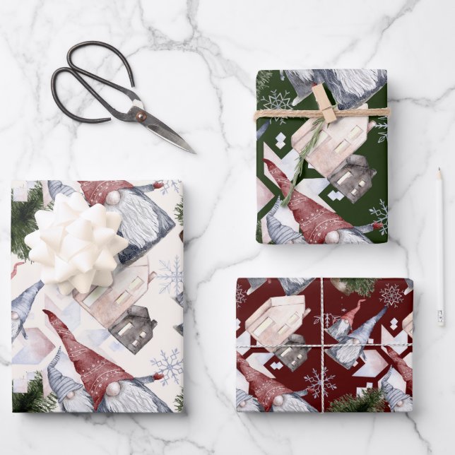 Gnomes Snowflakes Festive Nordic Christmas Pattern Wrapping Paper Sheets (Front)