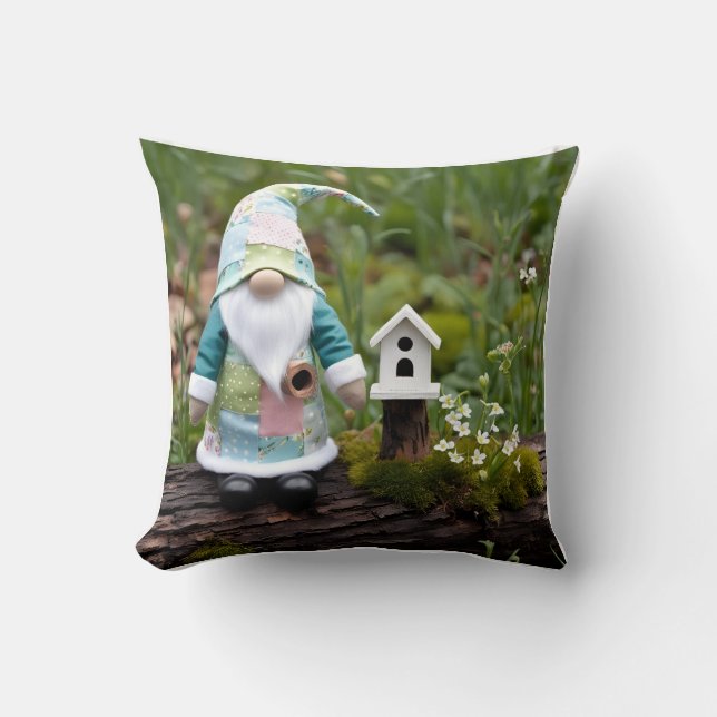 Gnome's Spring Retreat: Birdhouse Landscape Throw Pillow (Front)