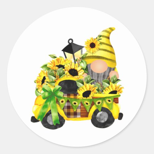 Gnomes Sunflower Truck Classic Round Sticker