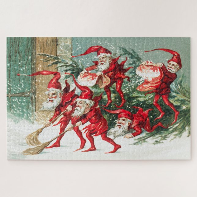 Gnomes sweeping snow with a broom jigsaw puzzle (Horizontal)