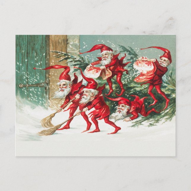Gnomes sweeping snow with a broom postcard (Front)