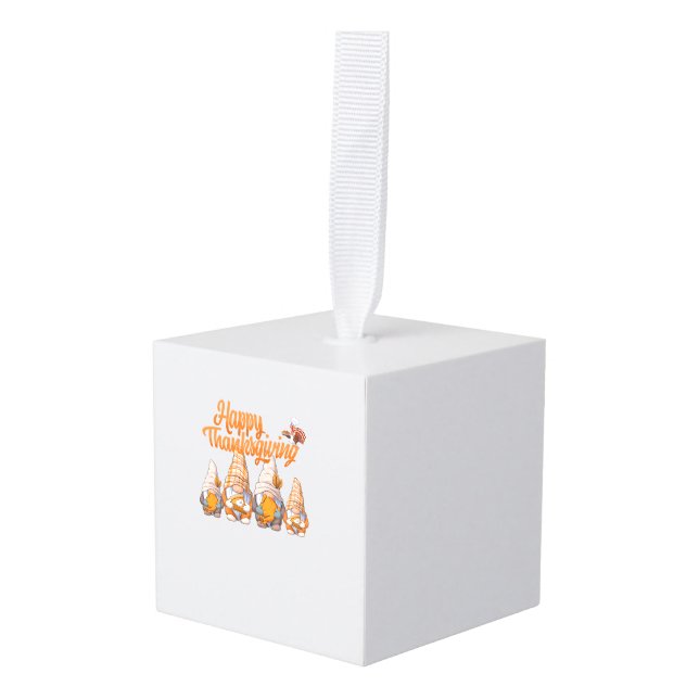 Gnomes Thanksgiving Disguise Holding Turkey and Pu Cube Ornament (Front Angled)