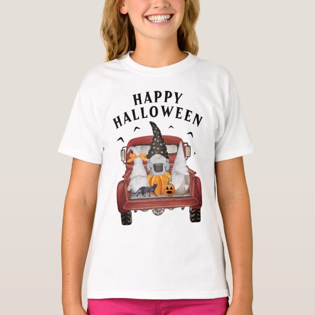 Gnomes Vintage Red Truck Halloween T-Shirt (Front)