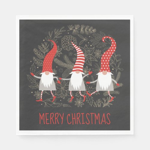 Gnomes Whimsical  Merry Christmas Red Black Napkins