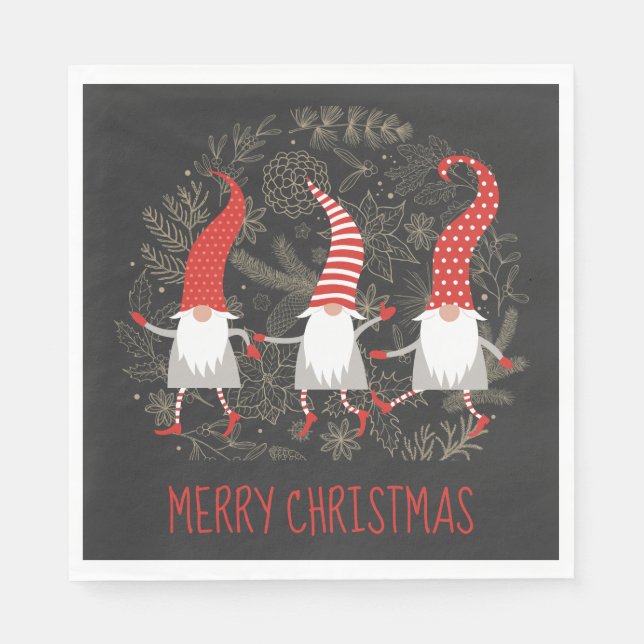 Gnomes Whimsical  Merry Christmas Red Black Napkins (Front)