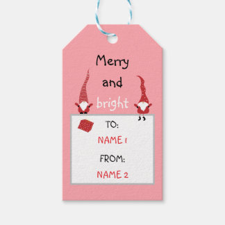 Gnomes with Christmas trees and gifts on pink Gift Tags