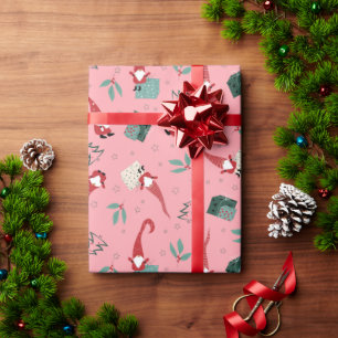 Gnomes with Christmas trees and gifts on pink Wrapping Paper