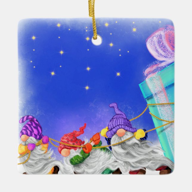 Gnomes with Gift Christmas Ornament (Front)