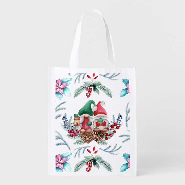 Gnomes With Lantern and Christmas Tree   Grocery Bag (Front)