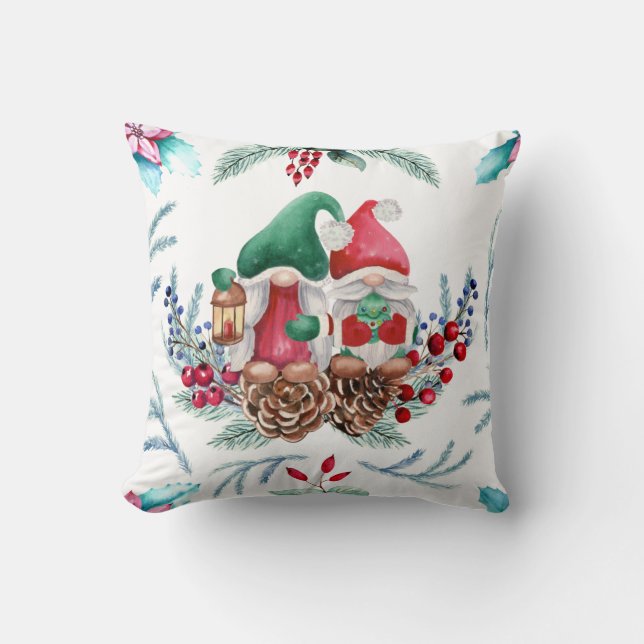 Gnomes With Lantern and Christmas Tree Throw Pillow (Front)