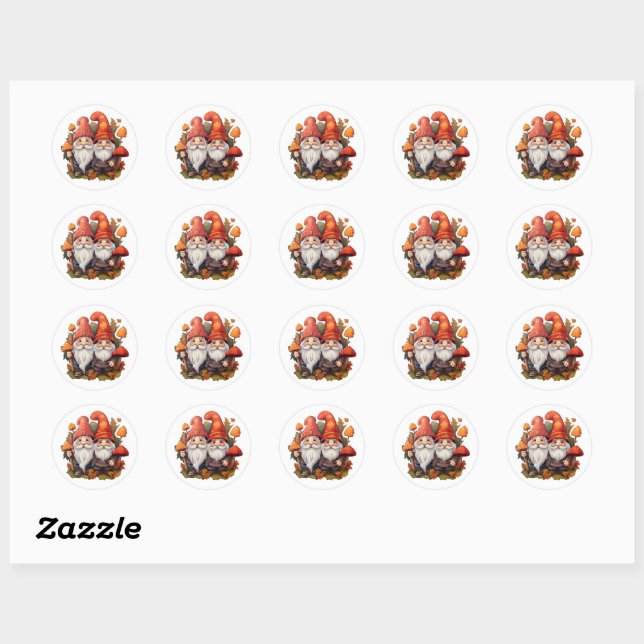 Gnomes with maple leaves and mushrooms classic round sticker (Sheet)