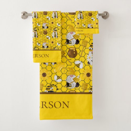 Gnomes Yellow Sunflowers Bees Honey Monogrammed Bath Towel Set