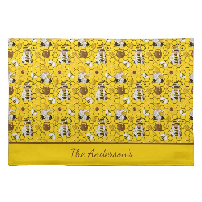 Gnomes Yellow Sunflowers Bees Honey Personalized  Cloth Placemat (Front)